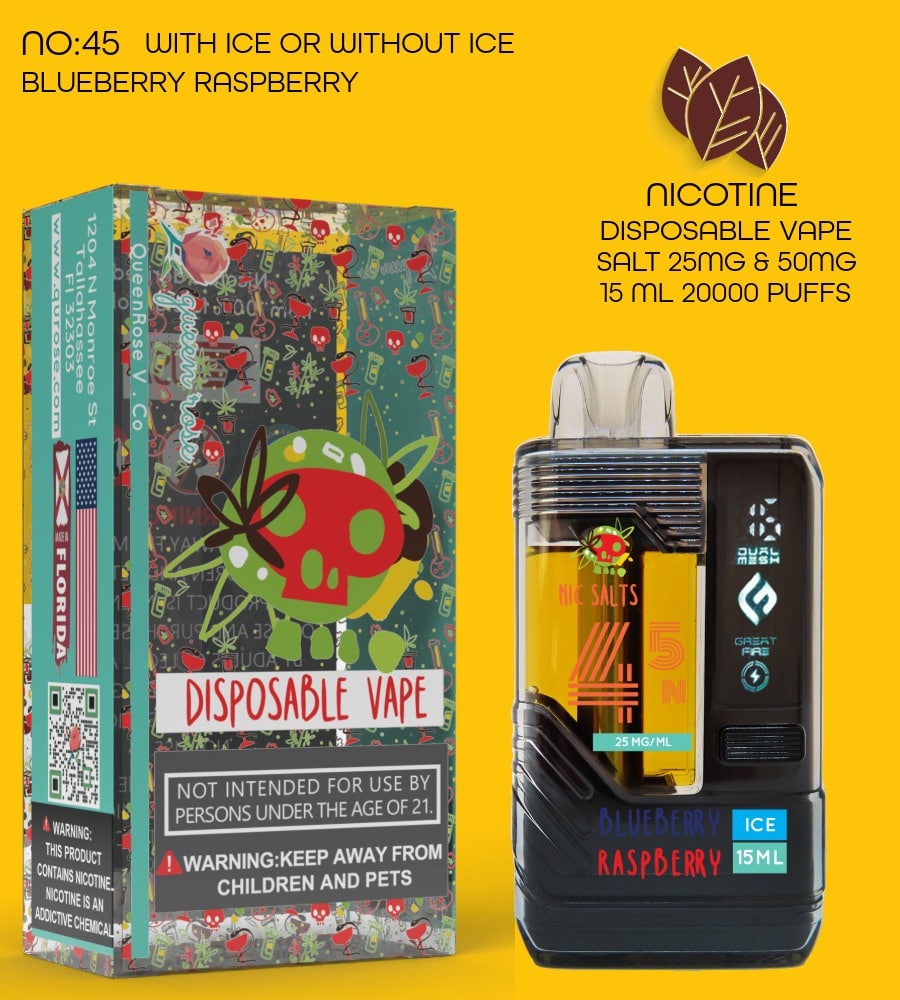 BLUEBERRY RASPBERRY 20000 PUFFS  VAPE NICOTINE SALT WITH ICE OR WITHOUT ICE   15 ML NO:45OK