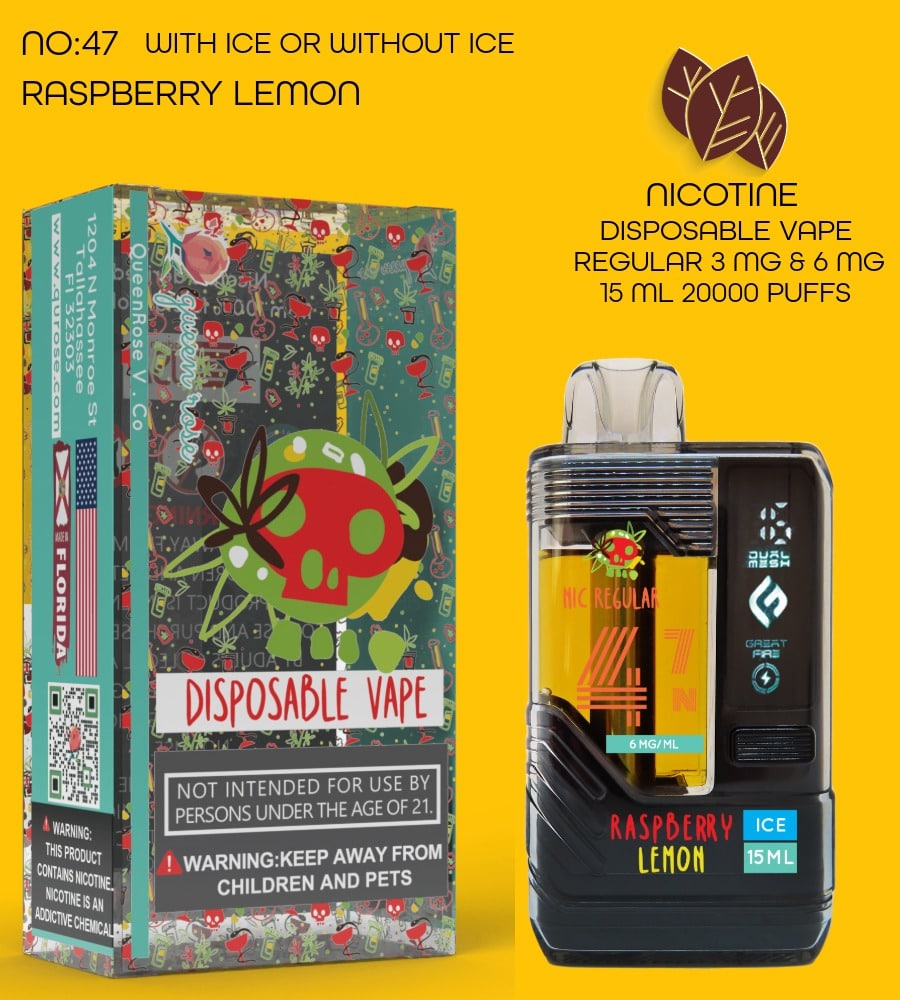 RASPBERRY LEMON  20000 PUFFS  VAPE NICOTINE REGULAR WITH ICE OR WITHOUT ICE   15 ML NO:47