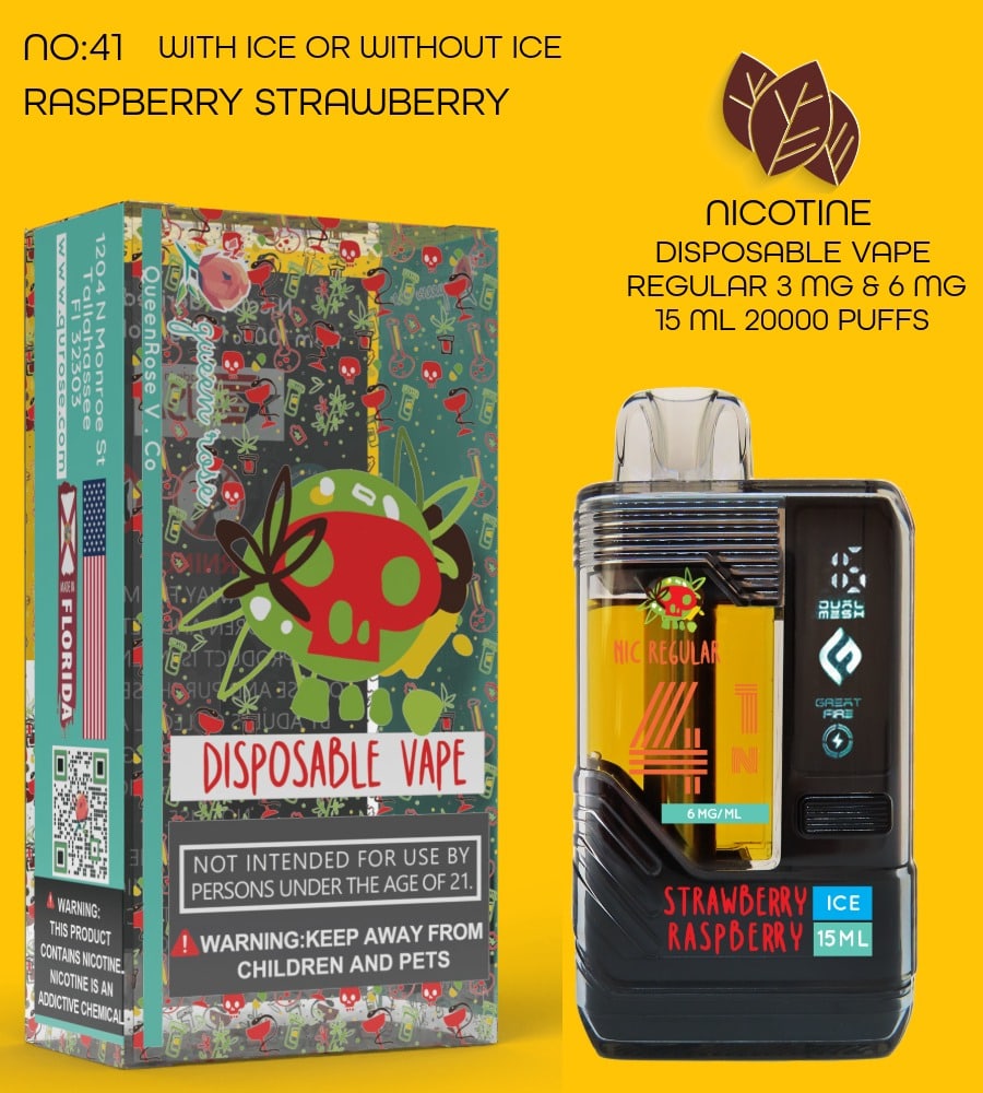RASPBERRY STRAWBERRY  20000 PUFFS VAPE NICOTINE REGULAR WITH ICE OR WITHOUT ICE 15 ML NO:41