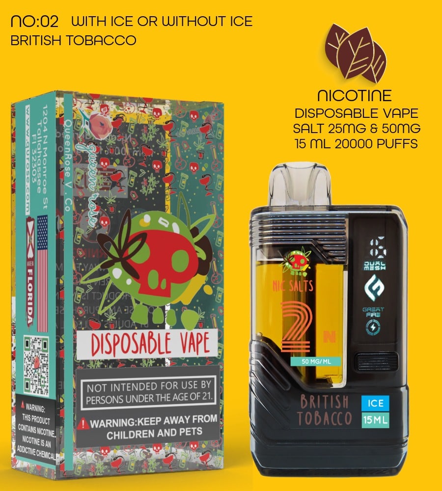 BRITISH TOBACCO 20000 PUFFS VAPE NICOTINE SALT WITH ICE OR WITHOUT ICE 15 ML NO:02
